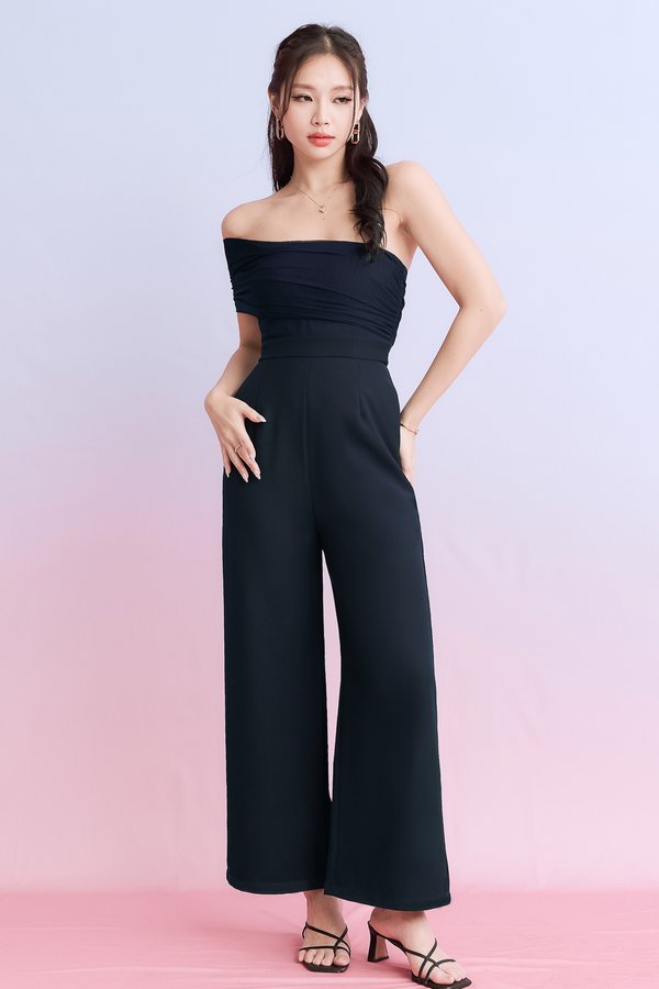 DEFECT | Madeline Mesh One Shoulder Jumpsuit in Midnight in XS