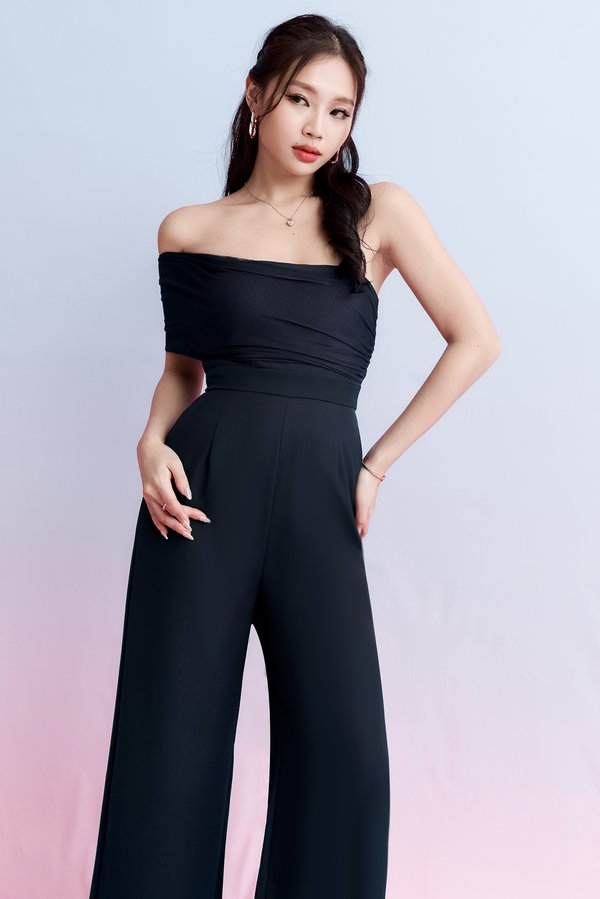 DEFECT | Madeline Mesh One Shoulder Jumpsuit in Midnight in XS