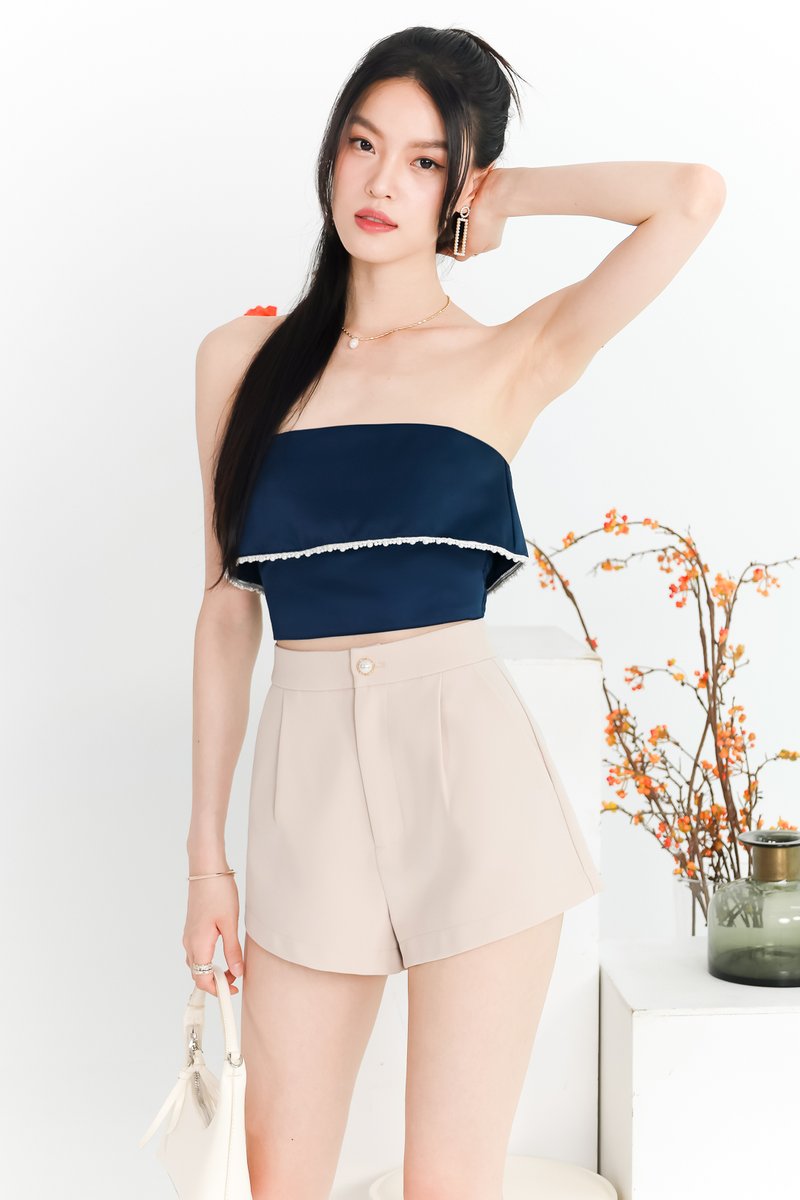 DEFECT | Parisie Pearl Satin Top in Navy in XXS