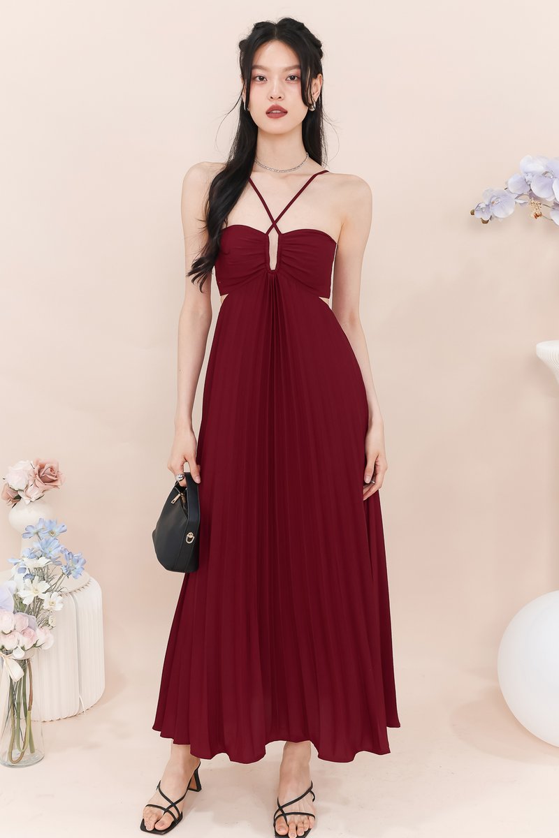 Casie Cut Out Pleat Maxi in Maroon