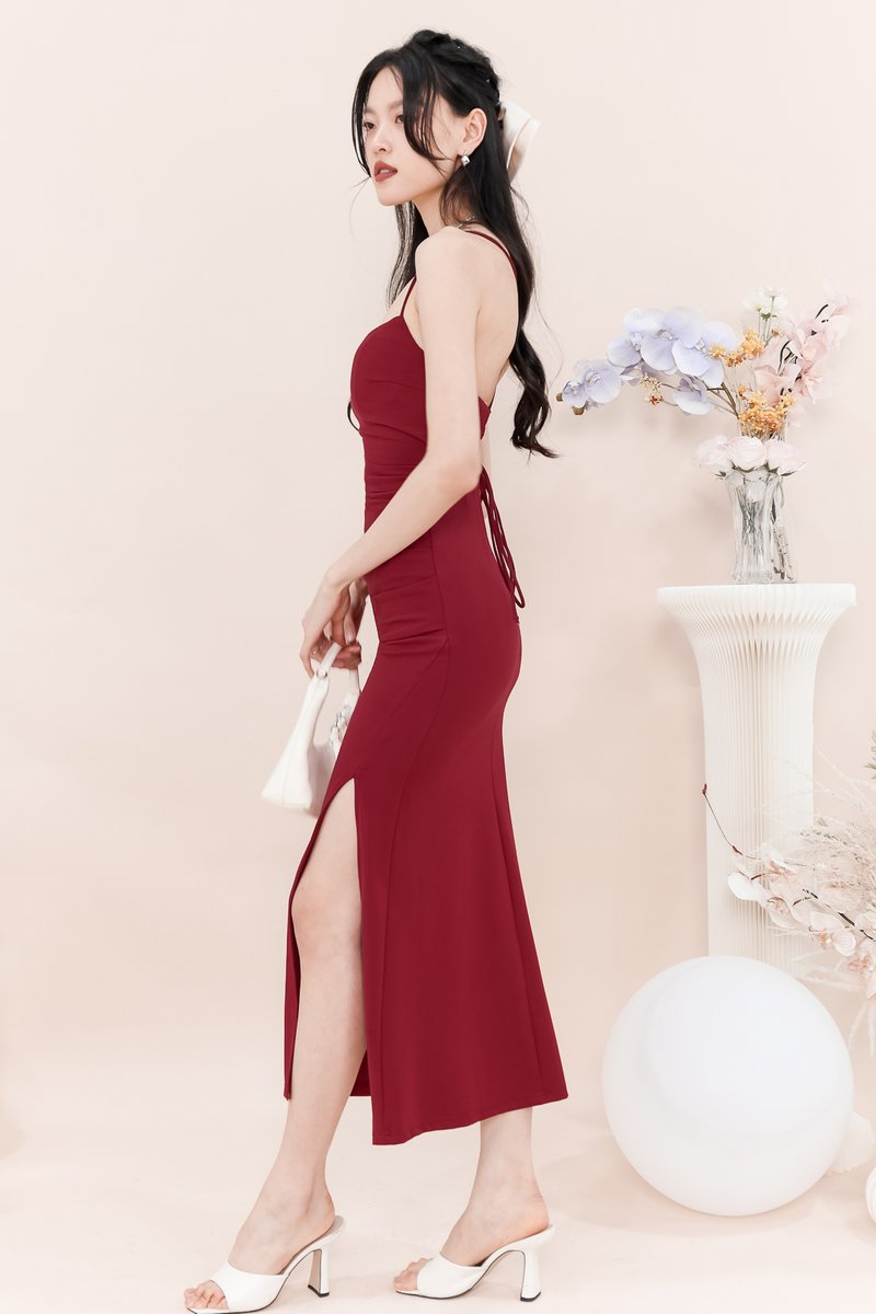 Perdynn Padded Tie Back Midaxi in Muted Red Perdynn Padded Tie Back Midaxi in Muted Red