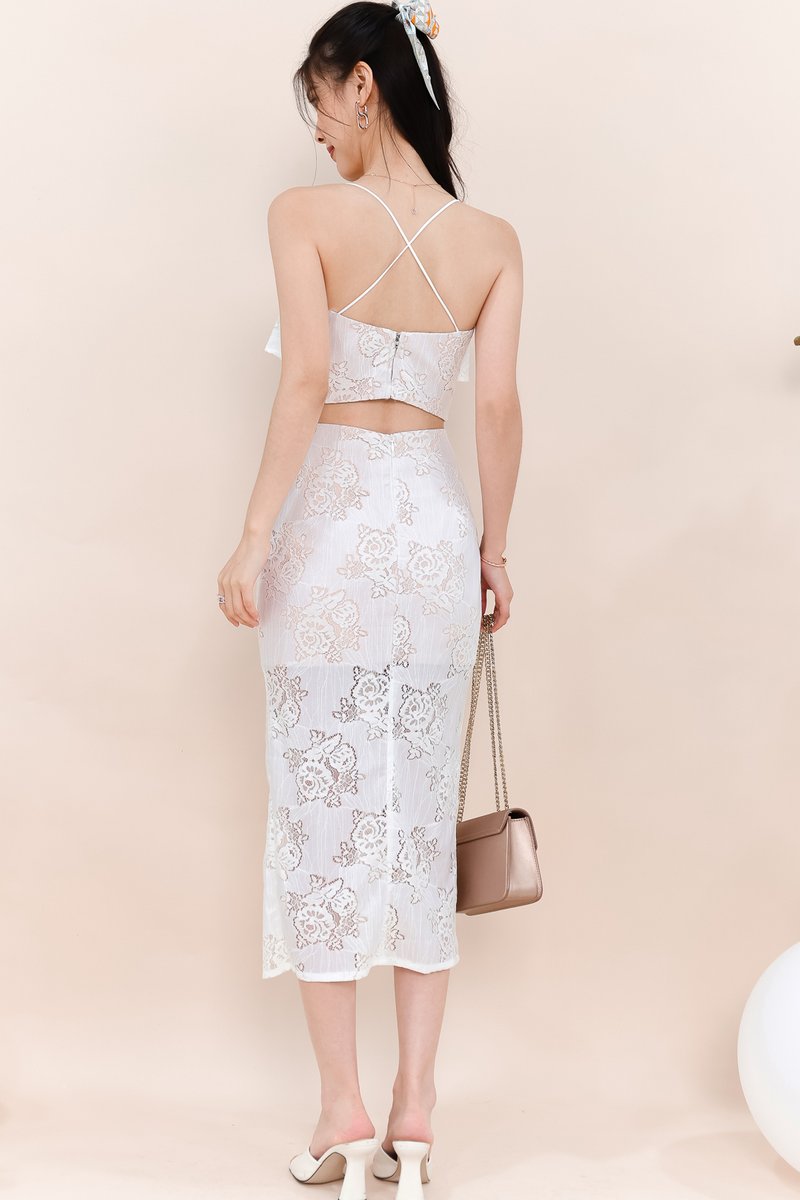DEFECT | Carena Co-ord Slit Midi Skirt in White Lace in M