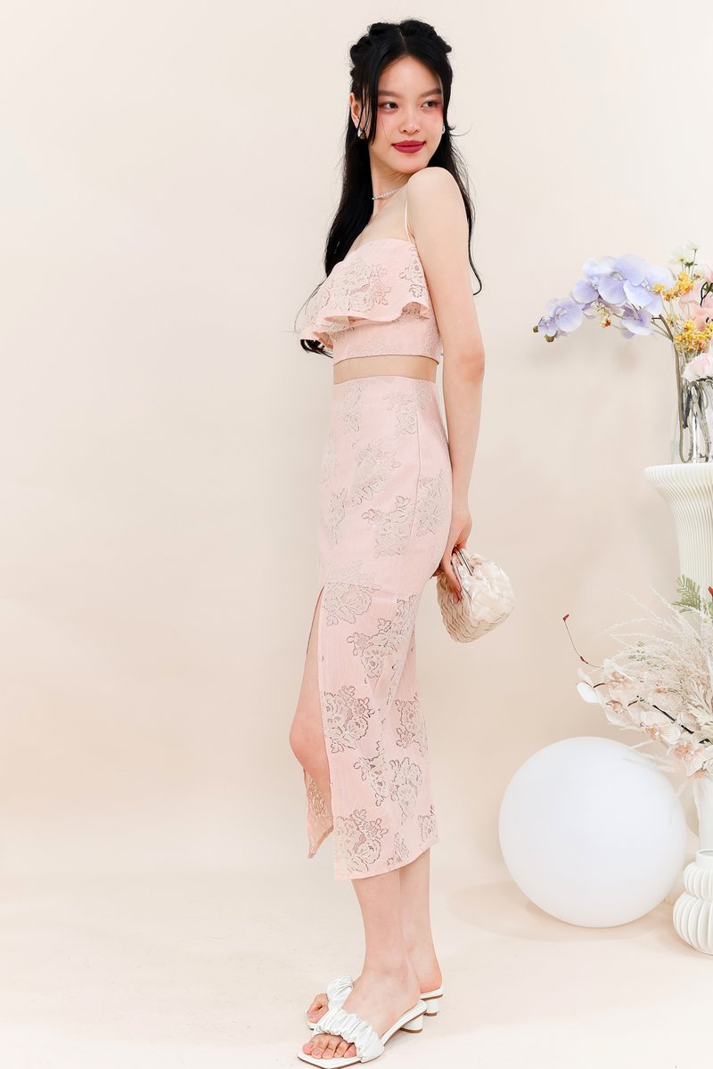 Carena Co-ord Slit Midi Skirt in Blush Lace Carena Co-ord Slit Midi Skirt in Blush Lace