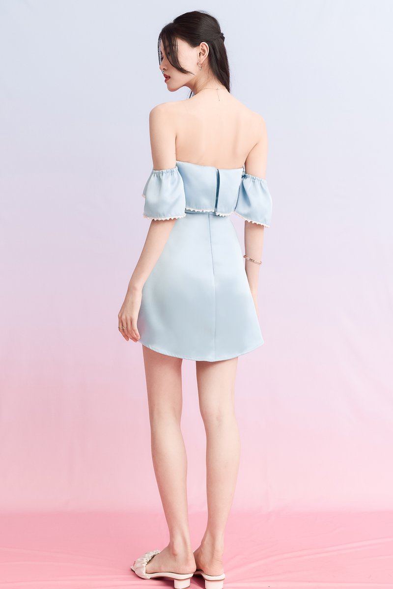 DEFECT | Paris Pearl Satin Romper Dress in Blue in S