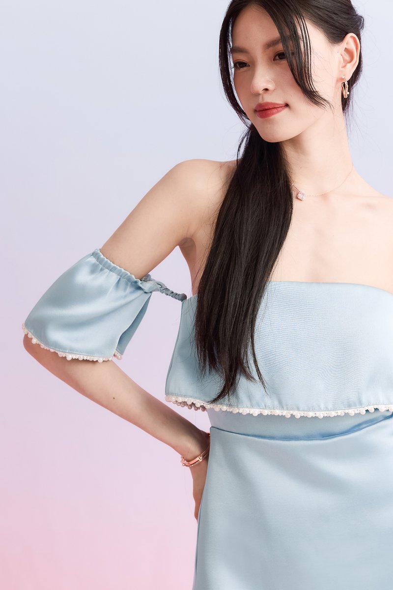 Paris Pearl Satin Romper Dress in Blue Paris Pearl Satin Romper Dress in Blue