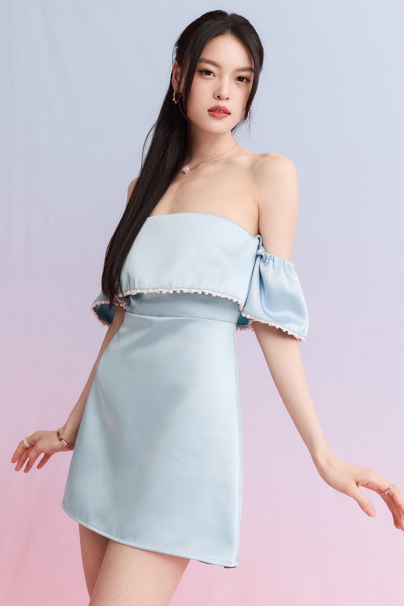 Paris Pearl Satin Romper Dress in Blue Paris Pearl Satin Romper Dress in Blue