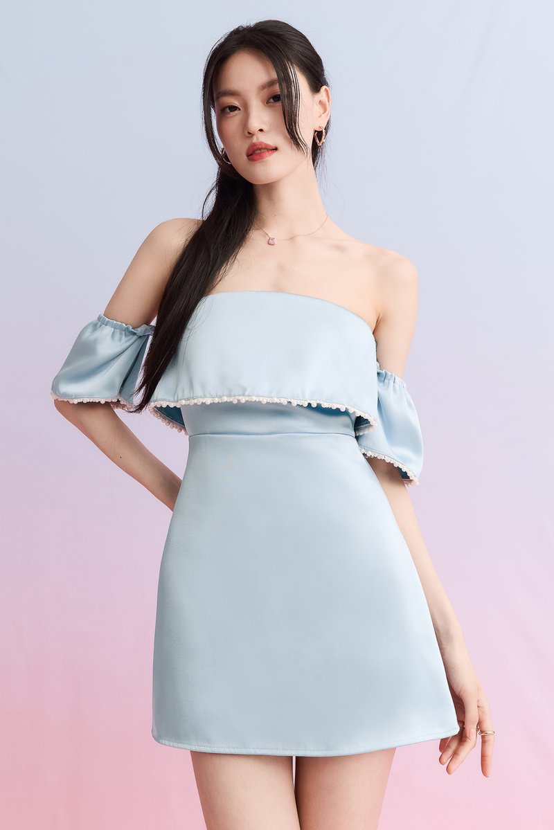 DEFECT | Paris Pearl Satin Romper Dress in Blue in S