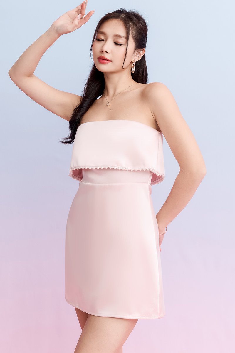 Paris Pearl Satin Romper Dress in Pastel Pink