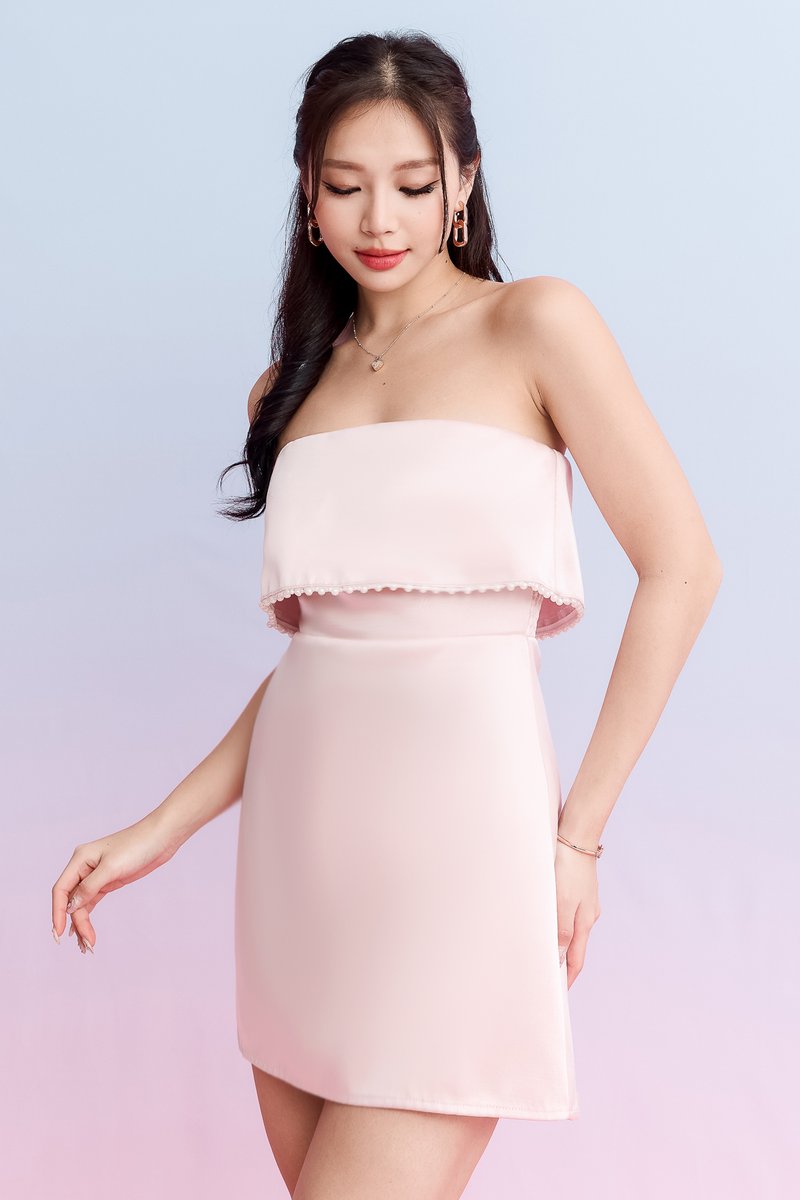 Paris Pearl Satin Romper Dress in Pastel Pink