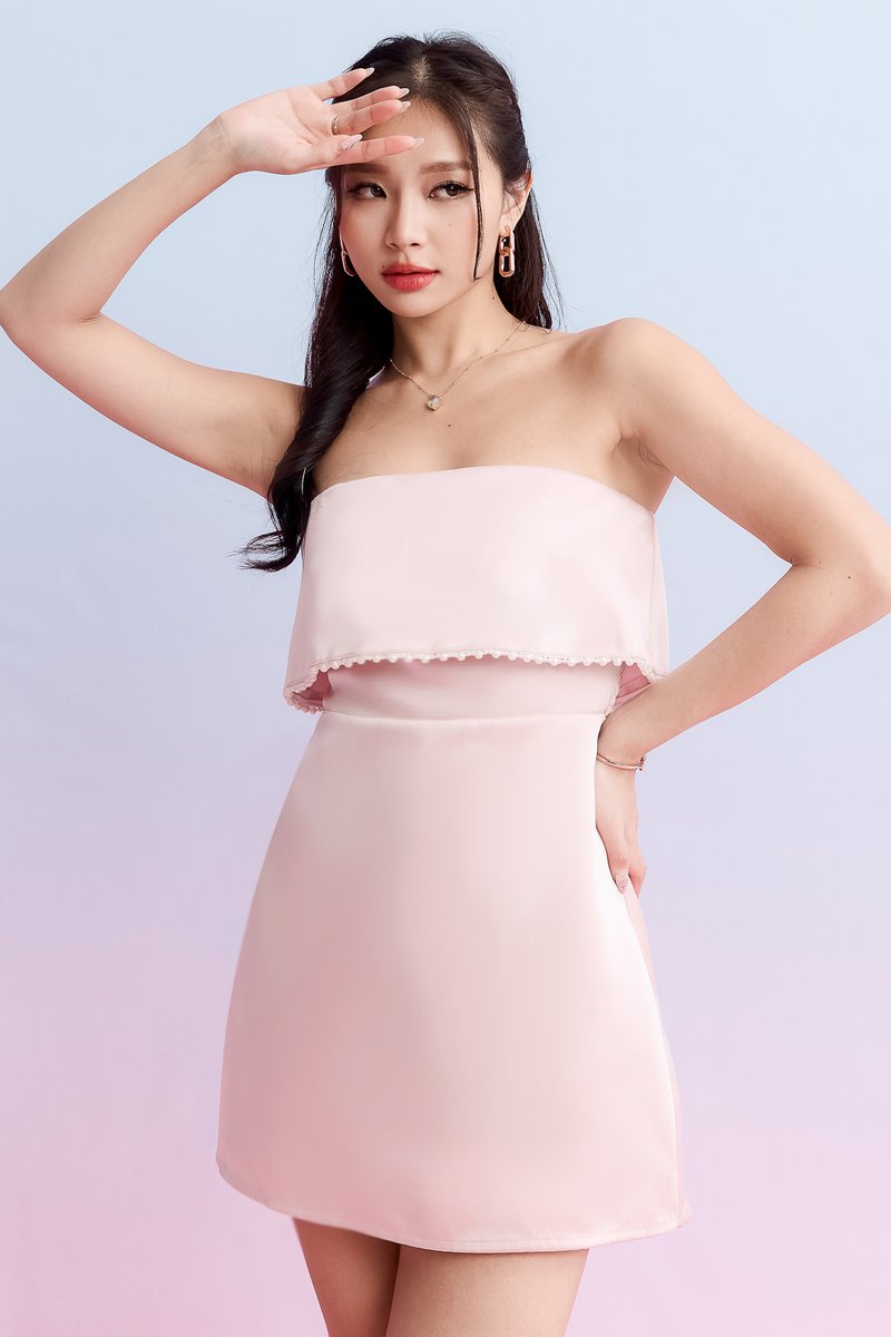 Paris Pearl Satin Romper Dress in Pastel Pink