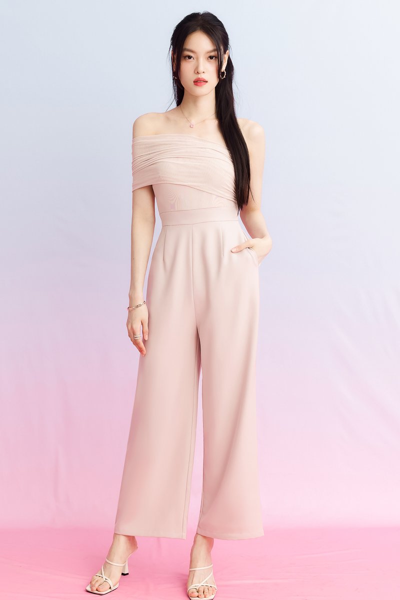 DEFECT | Madeline Mesh One Shoulder Jumpsuit in Nude Blush in XS