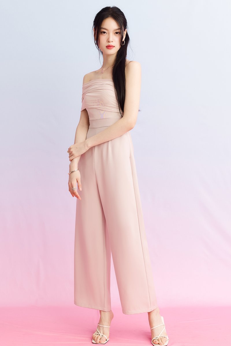 DEFECT | Madeline Mesh One Shoulder Jumpsuit in Nude Blush in XS