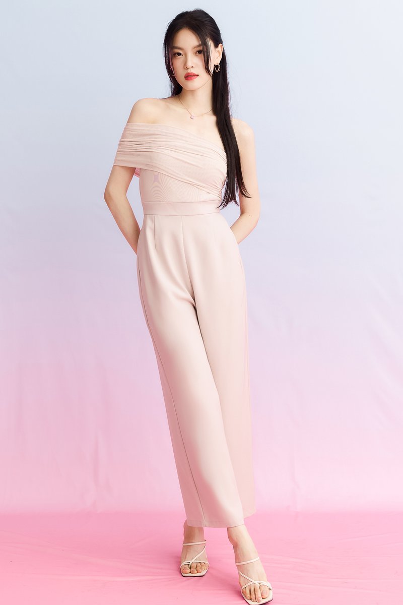 DEFECT | Madeline Mesh One Shoulder Jumpsuit in Nude Blush in XS