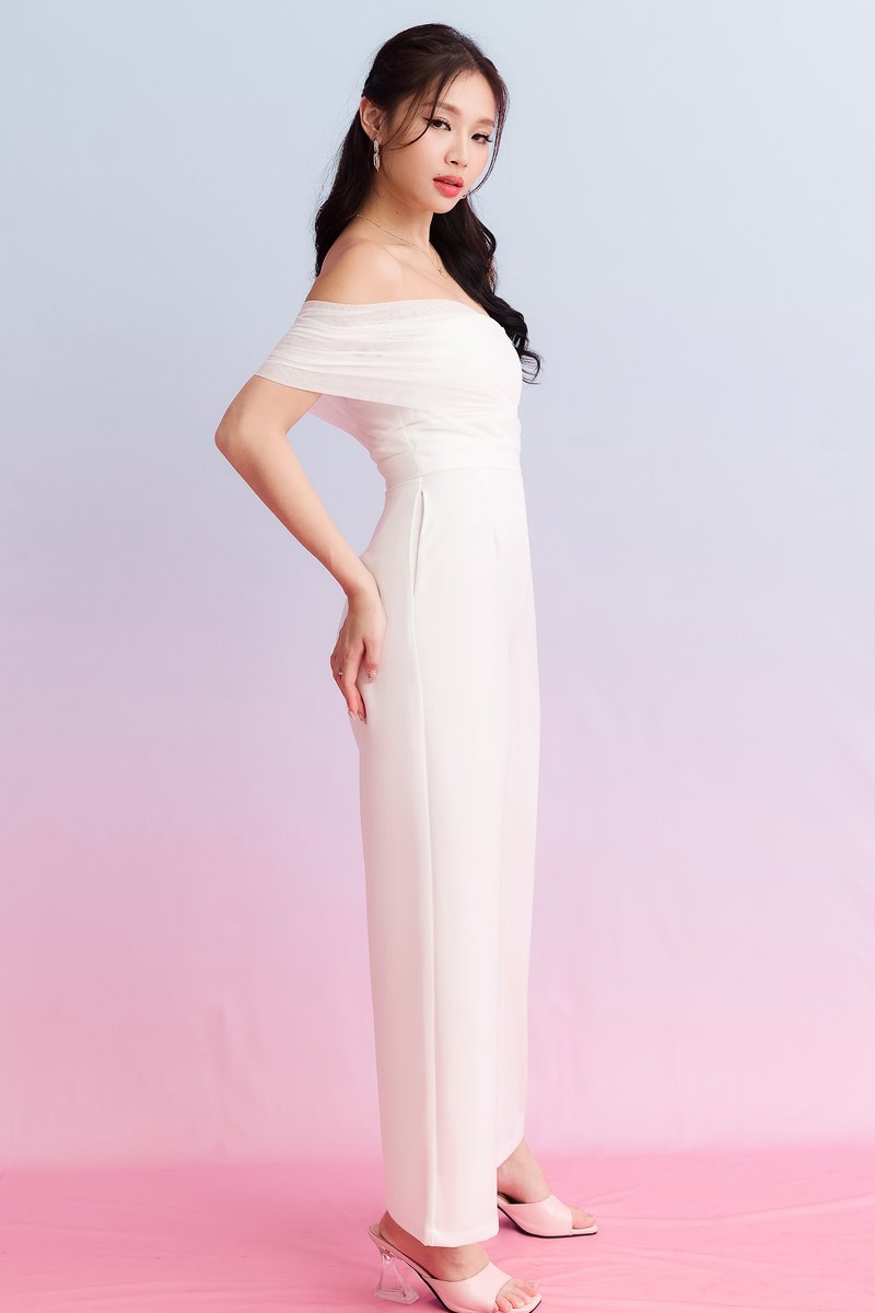 DEFECT | Madeline Mesh One Shoulder Jumpsuit in White in M