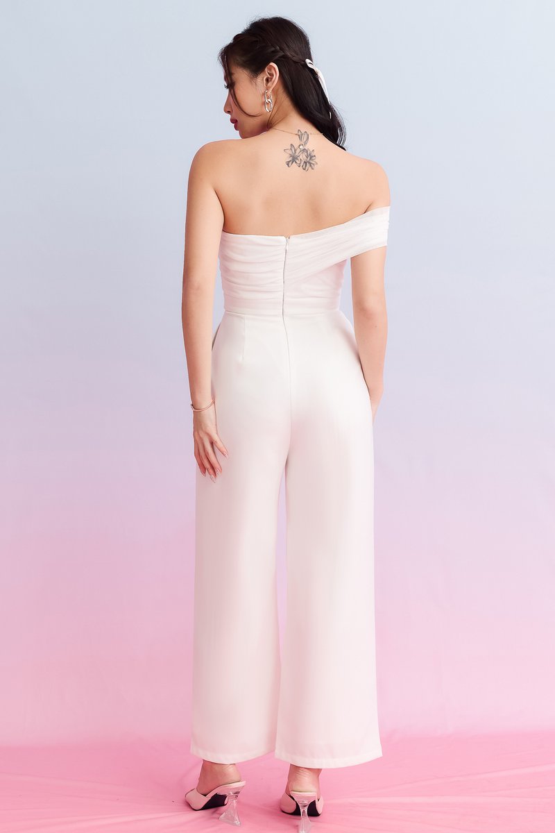 DEFECT | Madeline Mesh One Shoulder Jumpsuit in White in M