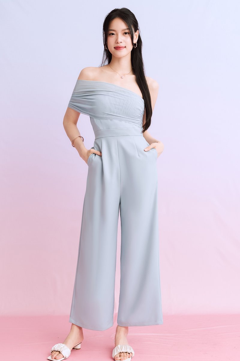 DEFECT | Madeline Mesh One Shoulder Jumpsuit in Light Blue in M