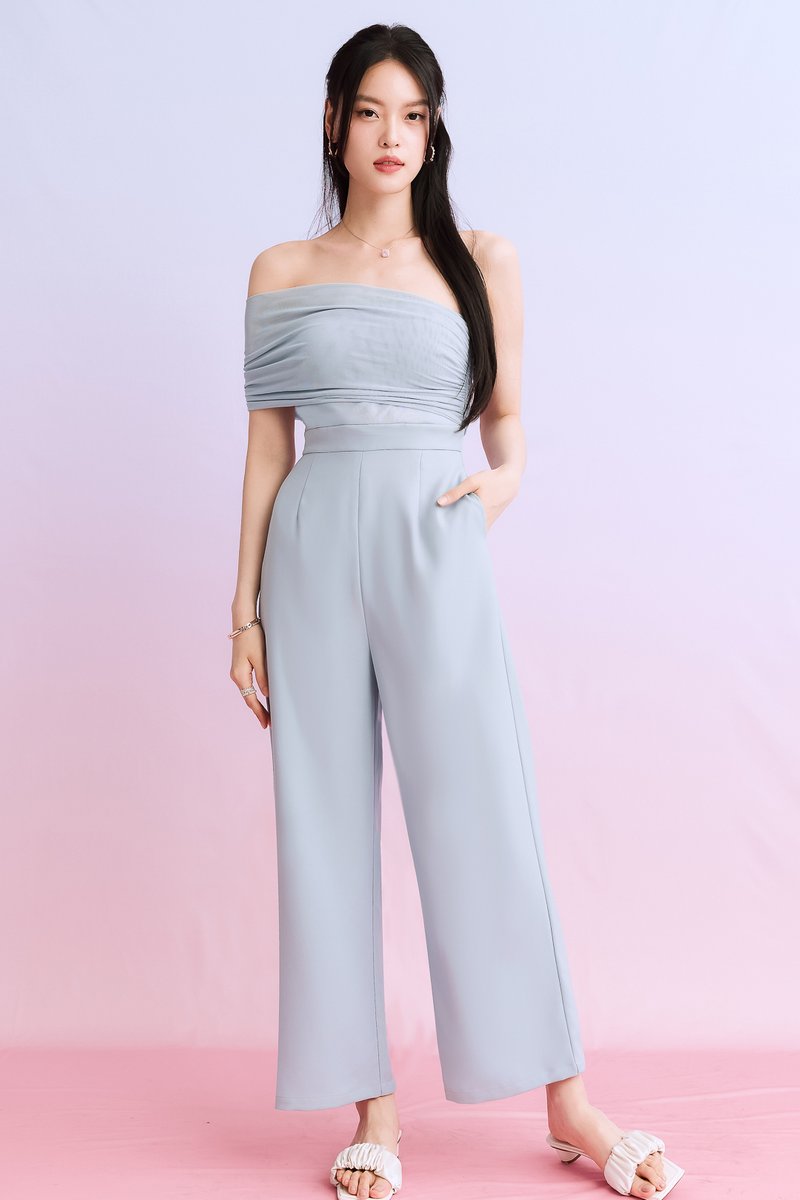 DEFECT | Madeline Mesh One Shoulder Jumpsuit in Light Blue in S