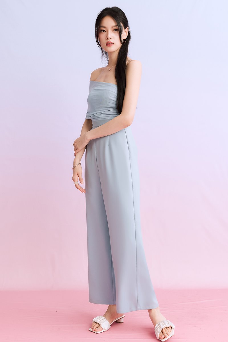 DEFECT | Madeline Mesh One Shoulder Jumpsuit in Light Blue in M