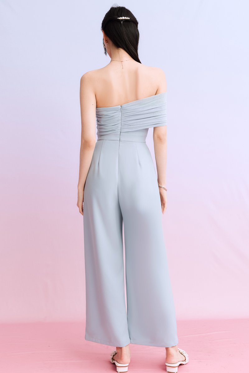 DEFECT | Madeline Mesh One Shoulder Jumpsuit in Light Blue in M