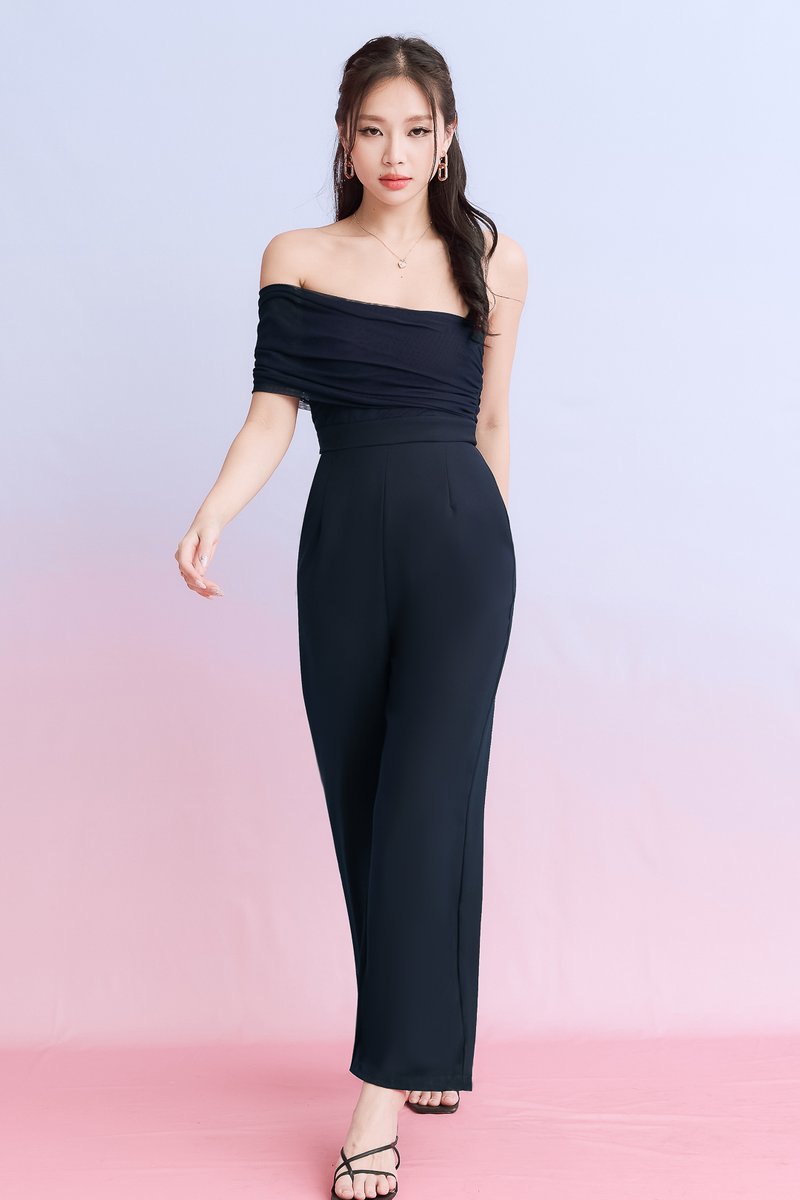 DEFECT | Madeline Mesh One Shoulder Jumpsuit in Midnight in M