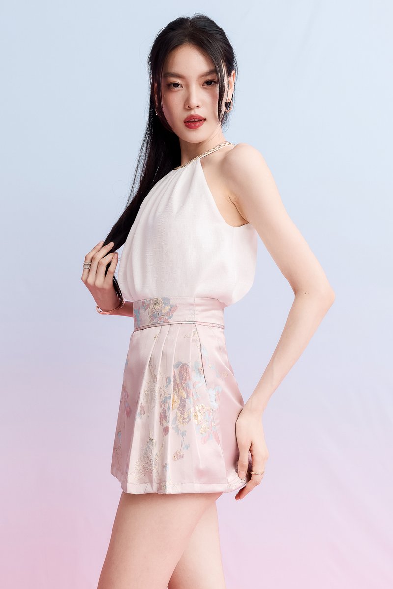 Serlyn Side Pleated Skorts in Pink Brocade