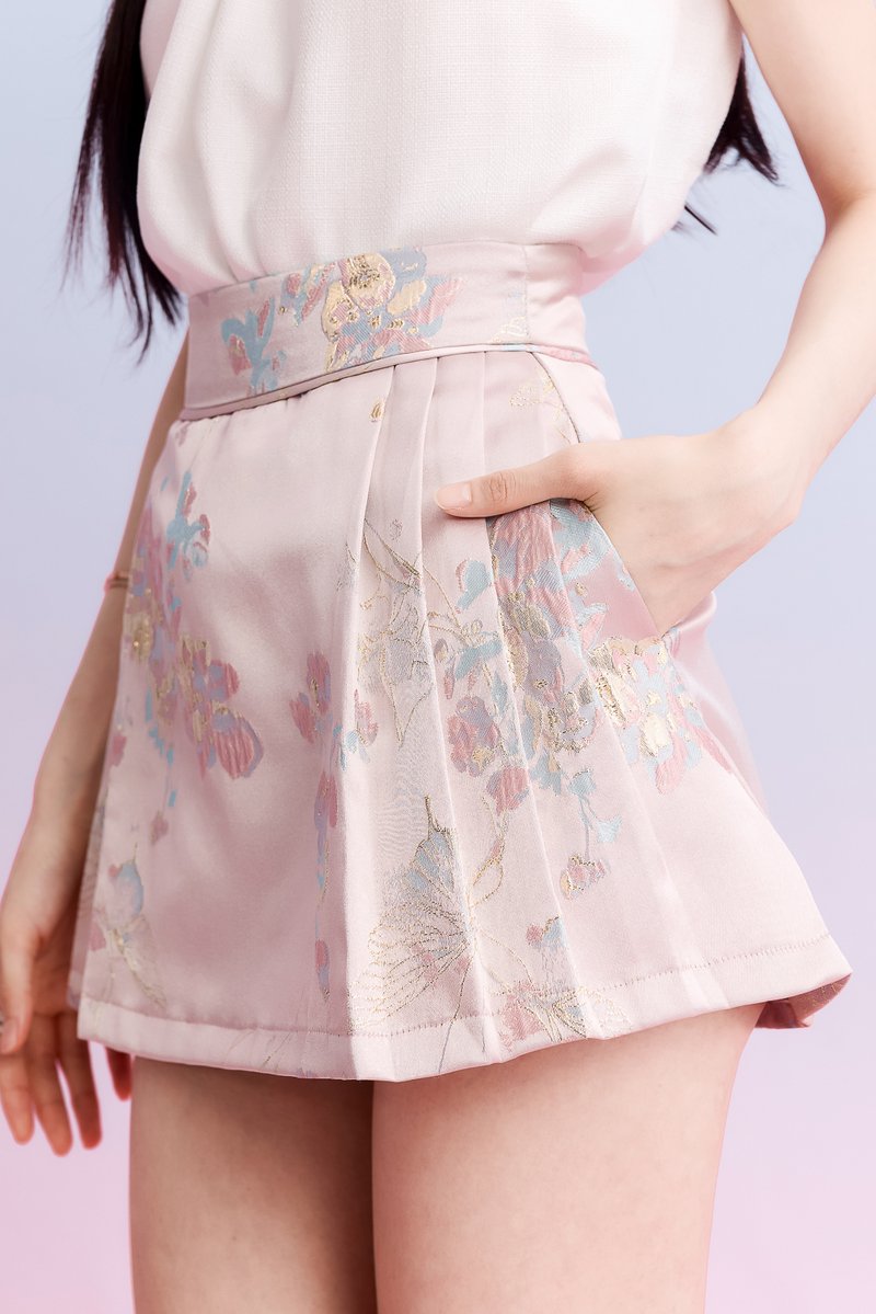 Serlyn Side Pleated Skorts in Pink Brocade