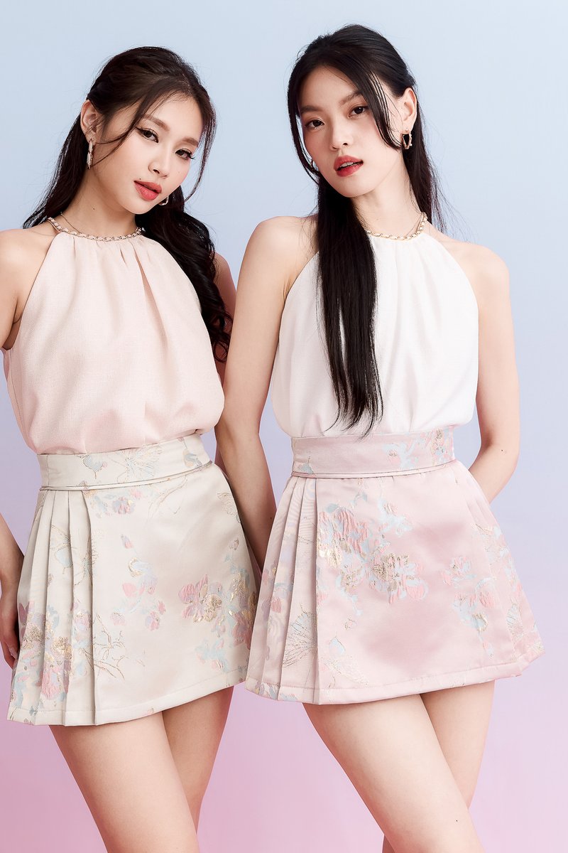 Serlyn Side Pleated Skorts in Pink Brocade