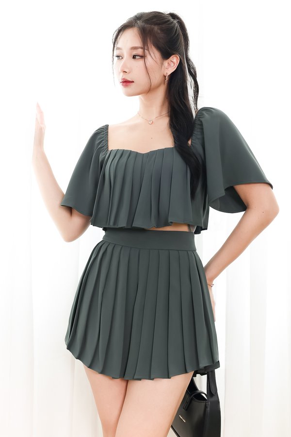 Faye Flutter Pleat Co-ord Top in Muted Forest