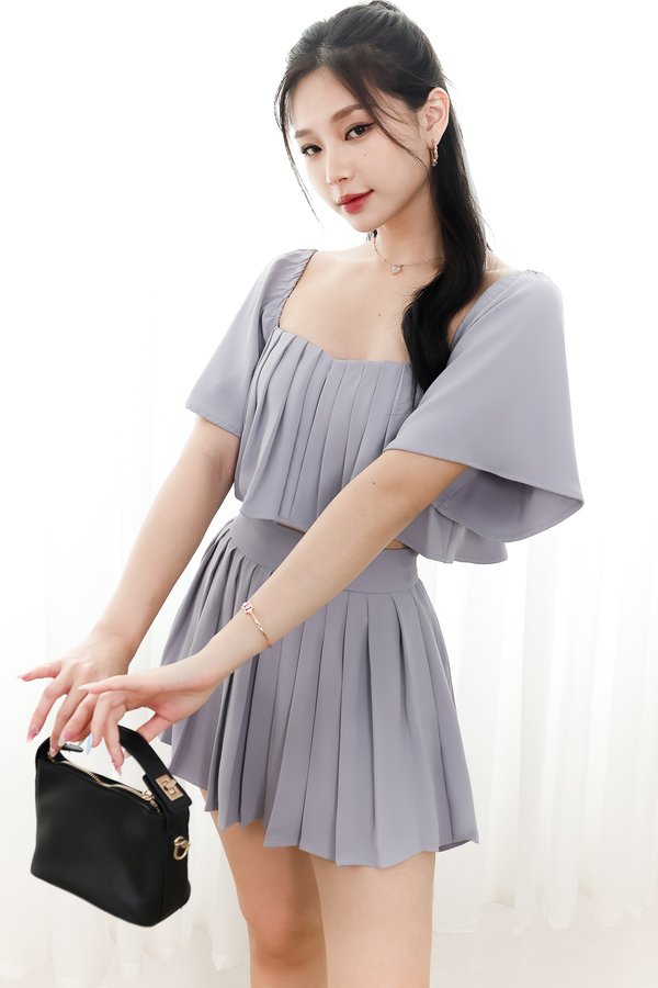 Faye Flutter Pleat Co-ord Top in Muted Lilac