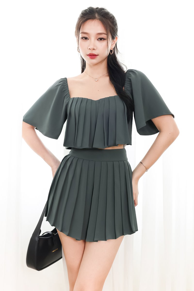 Faye Flutter Pleat Co-ord Top in Muted Forest