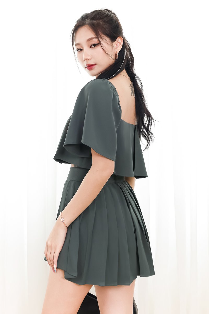 DEFECT | Faye Flutter Pleat Co-ord Skorts in Muted Forest in XS