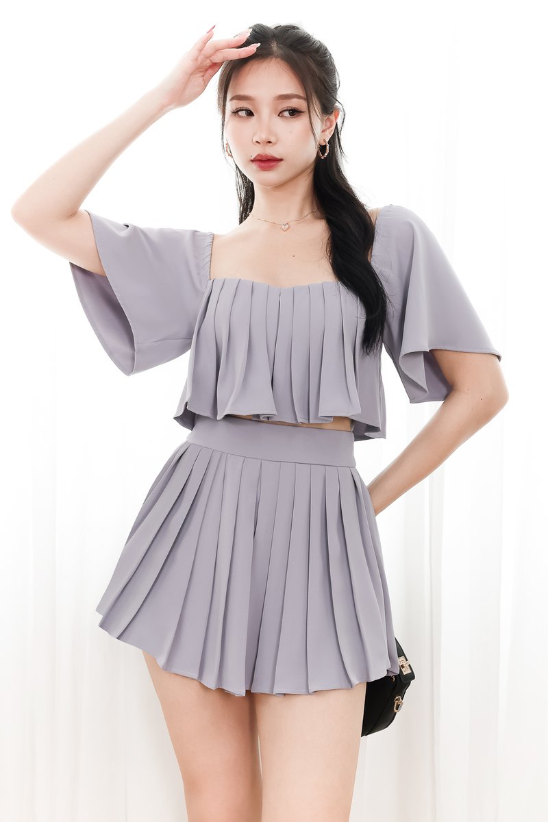 Faye Flutter Pleat Co-ord Top in Muted Lilac