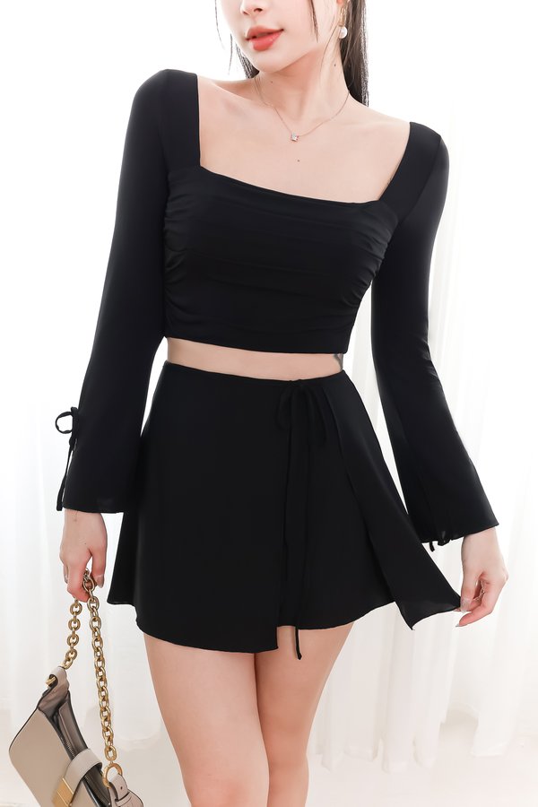 Rin Ribbon Sleeved Co-ord Top in Black