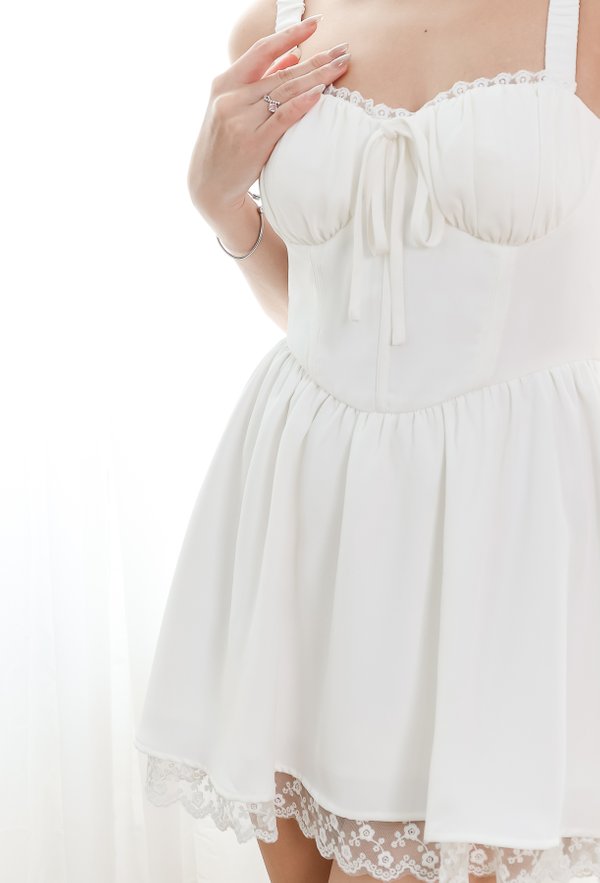 DEFECT | Brenda Bustier Lace Romper Dress in White in M