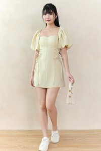 DEFECT | Serene Sweetheart Sleeved Romper Dress in Light Yellow in XS DEFECT | Serene Sweetheart Sleeved Romper Dress in Light Yellow in XS