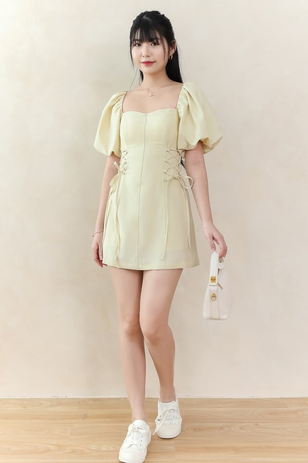 DEFECT | Serene Sweetheart Sleeved Romper Dress in Light Yellow in XS