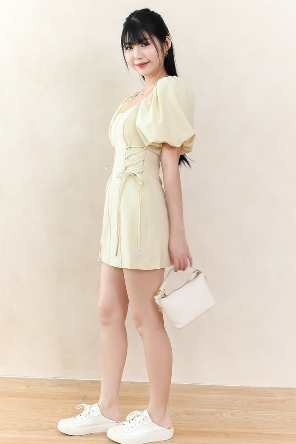 DEFECT | Serene Sweetheart Sleeved Romper Dress in Light Yellow in XS