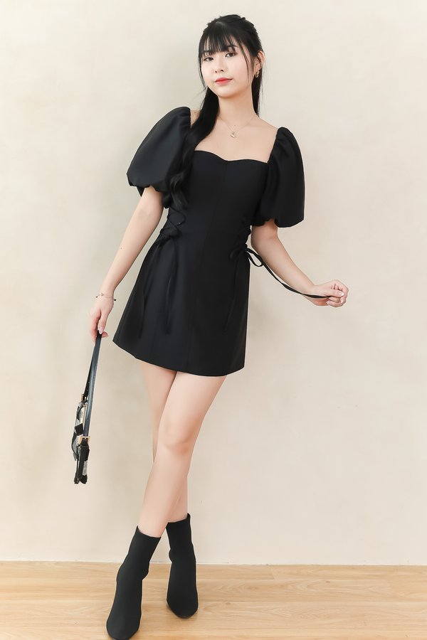 Serene Sweetheart Sleeved Romper Dress in Black