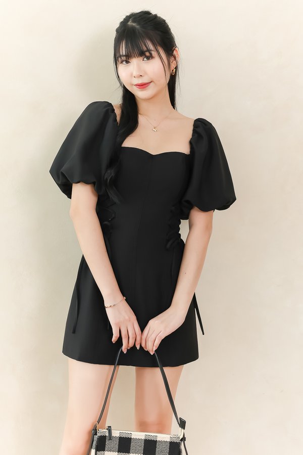 Serene Sweetheart Sleeved Romper Dress in Black