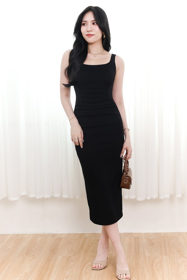 PREORDER | Rianne Ruched Midi Dress in Black