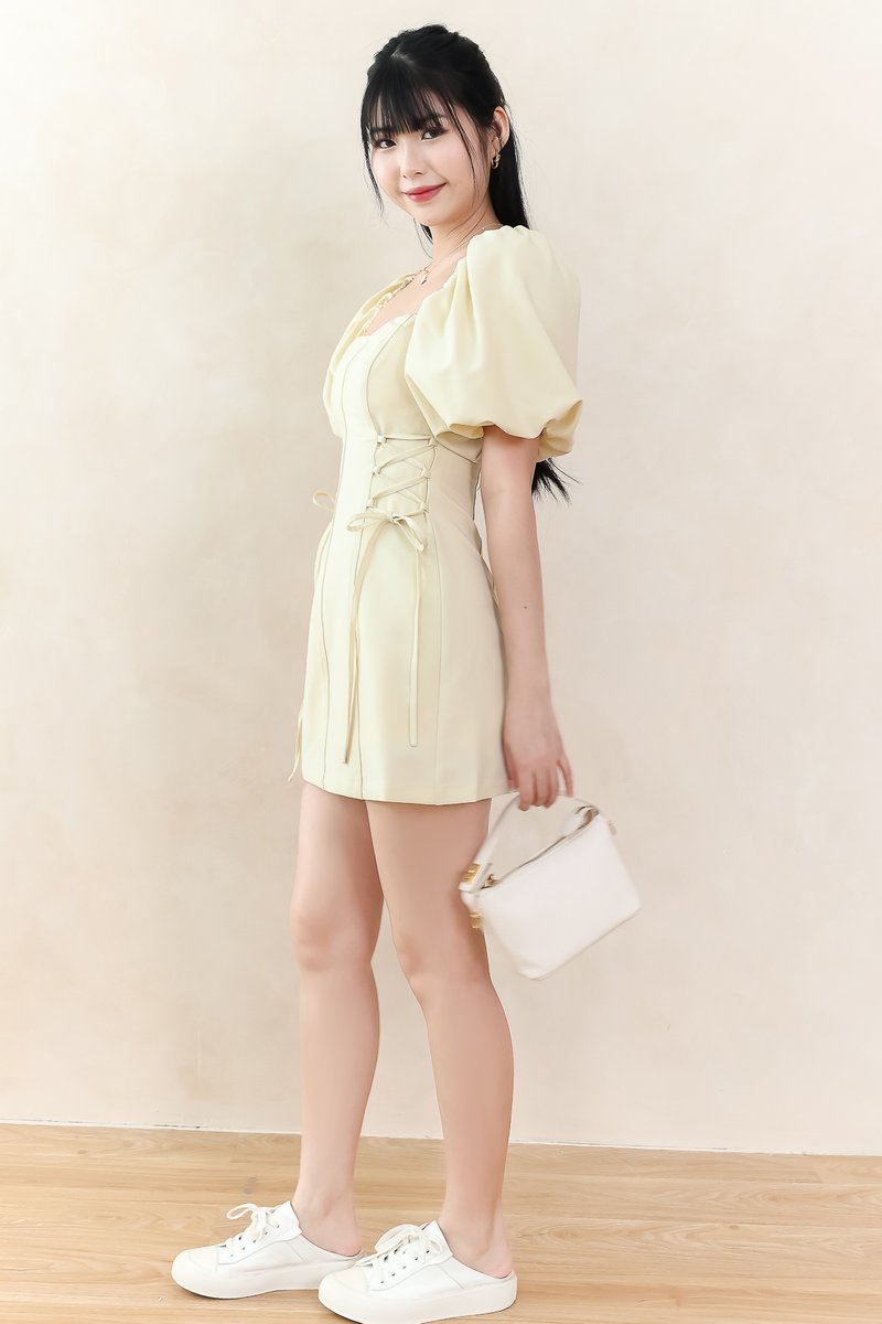 Serene Sweetheart Sleeved Romper Dress in Light Yellow