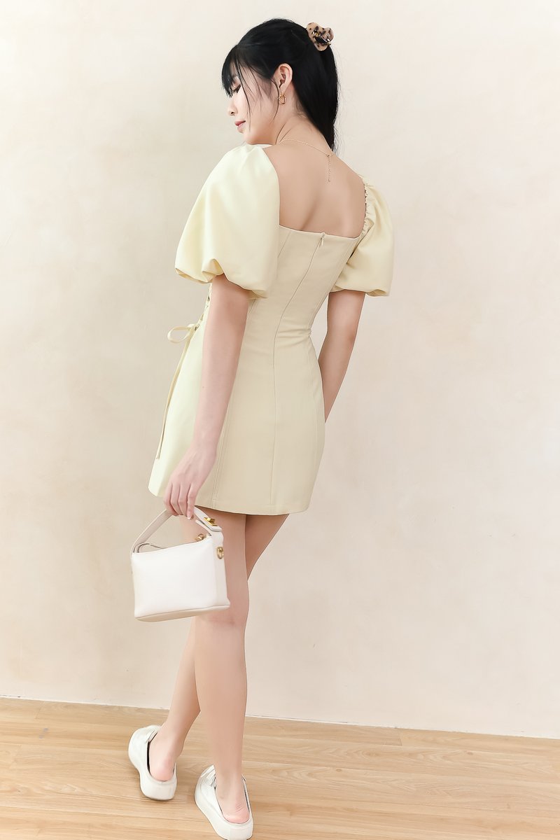 Serene Sweetheart Sleeved Romper Dress in Light Yellow