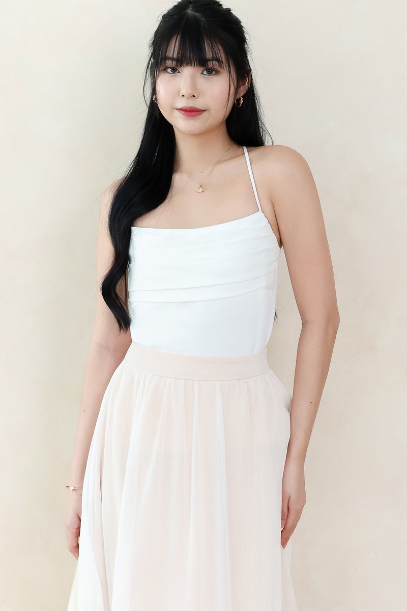 Claredy Cross Back Pearl Top in White Claredy Cross Back Pearl Top in White