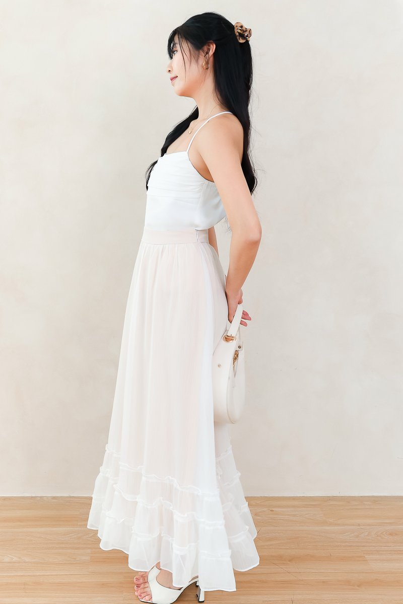 DEFECT | Ceda Chiffon Midaxi Skirt in White x Nude in XXS