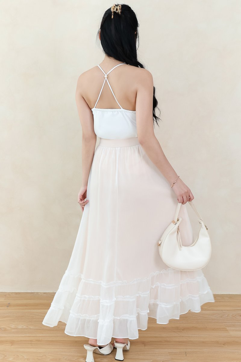 DEFECT | Ceda Chiffon Midaxi Skirt in White x Nude in XXS