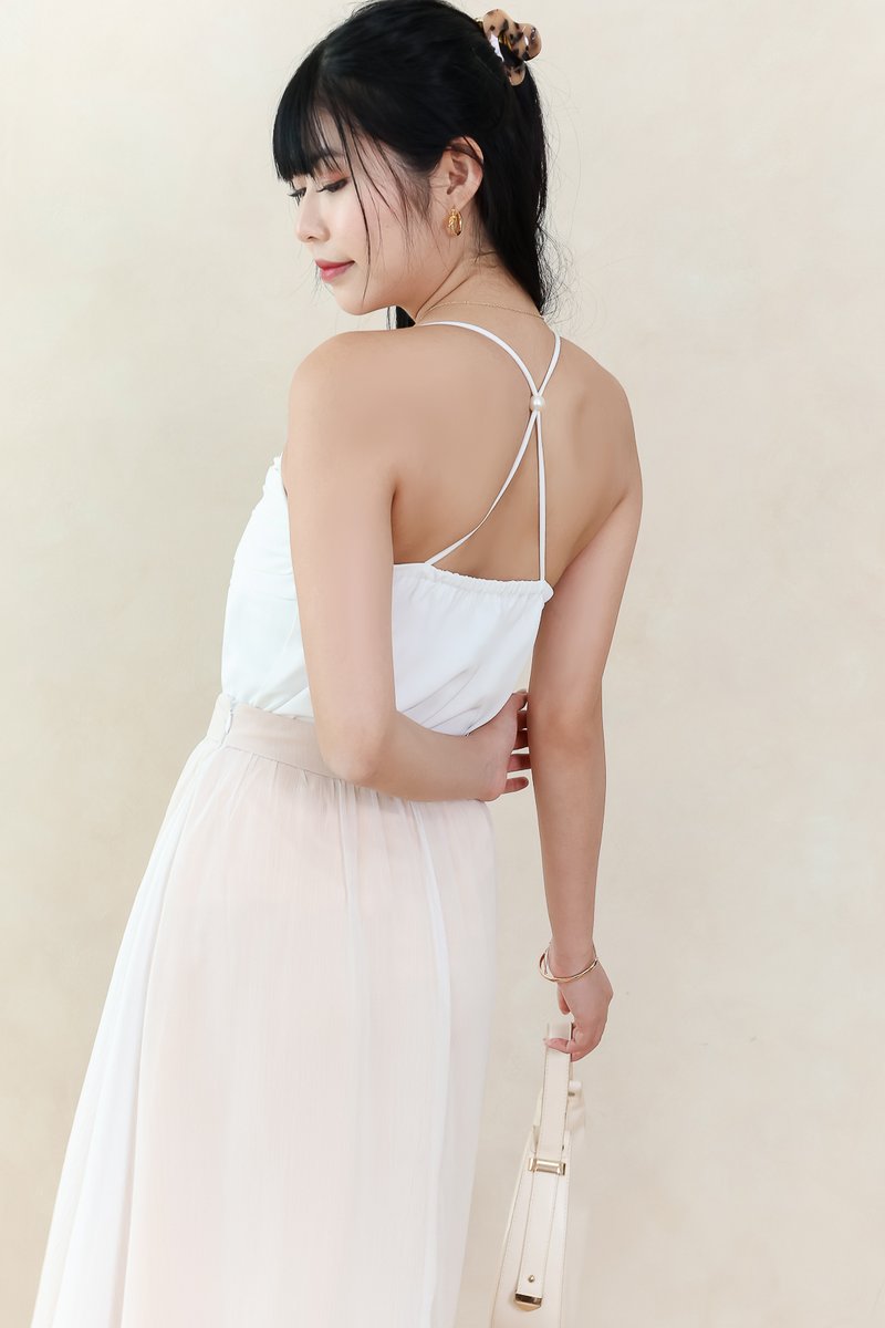 Claredy Cross Back Pearl Top in White Claredy Cross Back Pearl Top in White