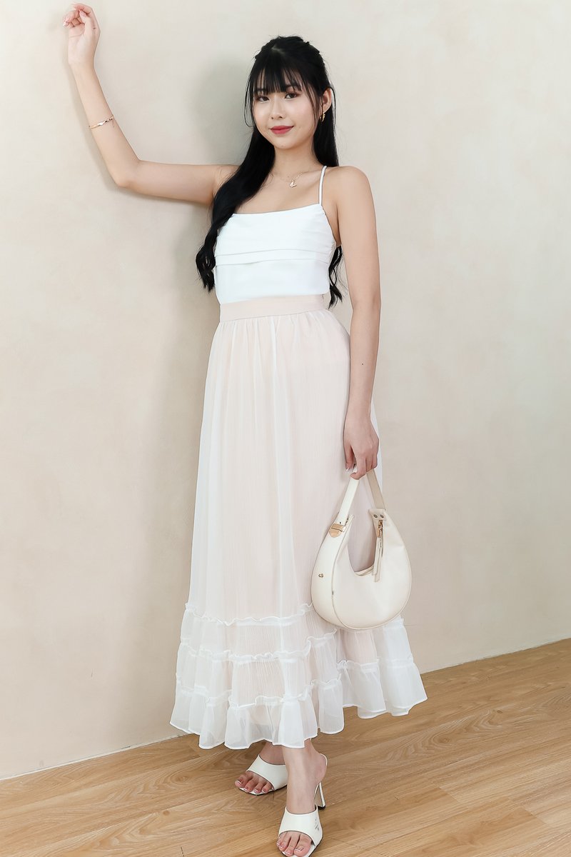 DEFECT | Ceda Chiffon Midaxi Skirt in White x Nude in XXS