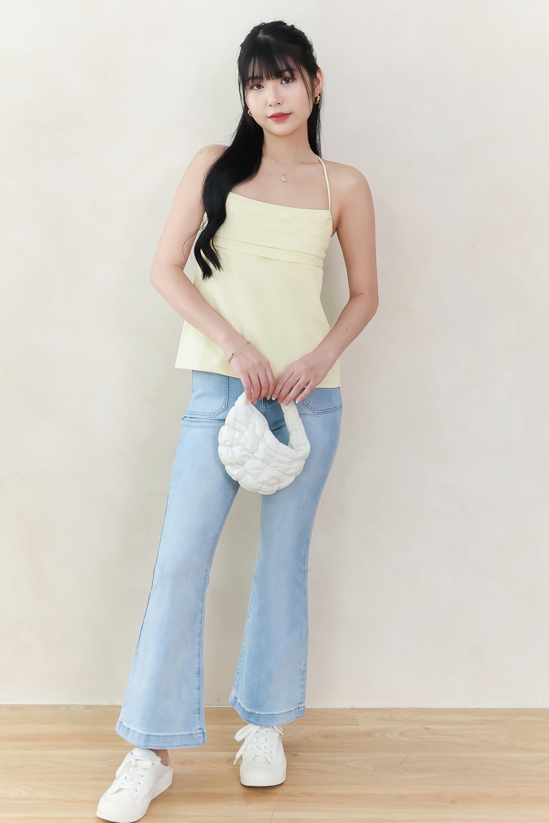 Claredy Cross Back Pearl Top in Light Yellow Claredy Cross Back Pearl Top in Light Yellow