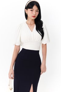 DEFECT | Caelie Chiffon Puffy Sleeve Top in White in XS