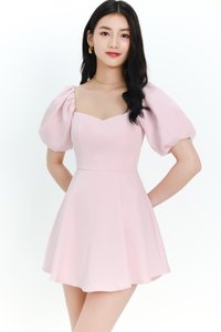 Penelope Puffy Sleeve Romper Dress in Light Pink Penelope Puffy Sleeve Romper Dress in Light Pink